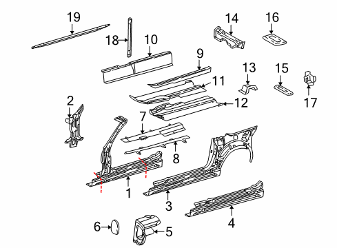 2003 Mercedes-Benz SLK32 AMG Hinge Pillar, Rocker Panel, Floor & Rails Diagram