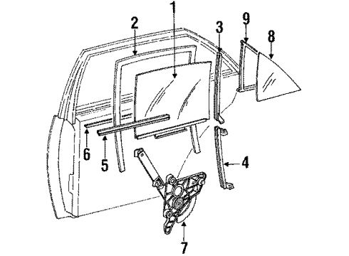 1984 Mercedes-Benz 380SE Rear Door - Glass & Hardware Diagram